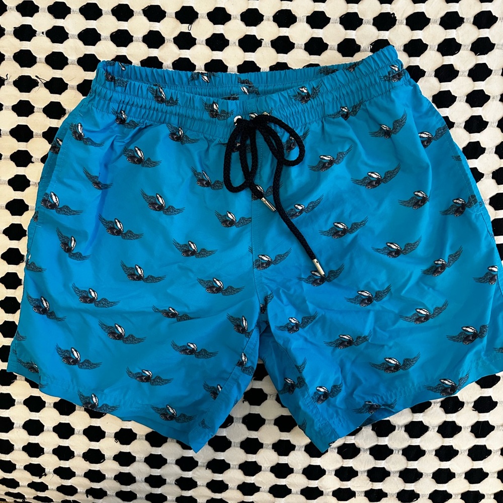 Blue Swim Shorts with Bird Print